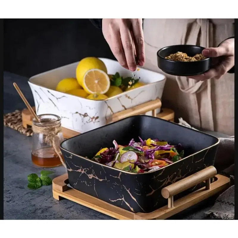 

Northern European Marble Pattern Black/white Ceramics Square Fruit Salad Bowl Home Decoration Tableware Plate/snack Plate