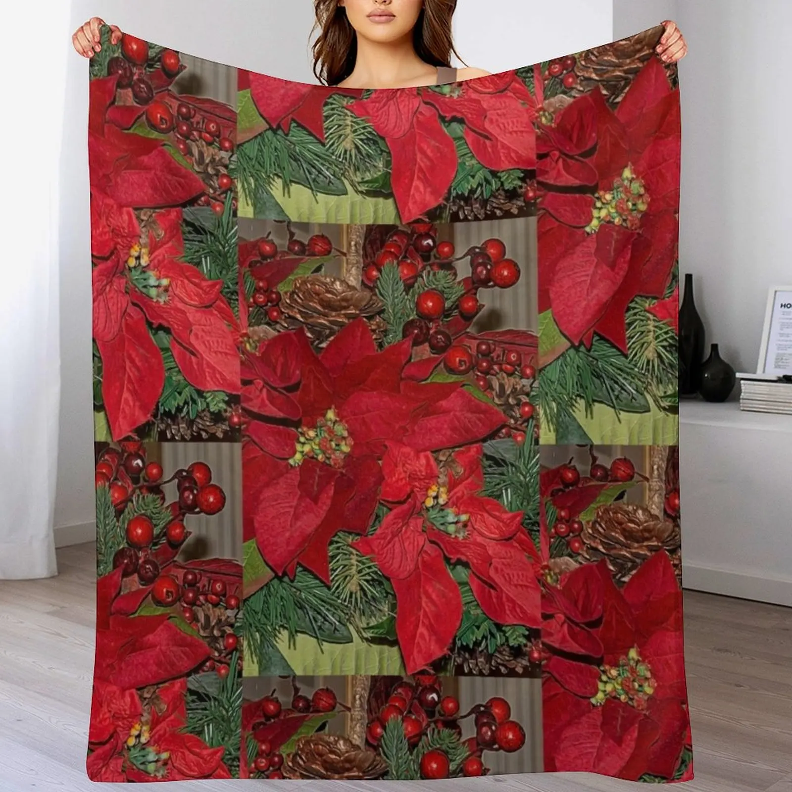 Poinsettia Christmas Flower Throw Blanket All Weather Soft Throw Blanket for Sofa