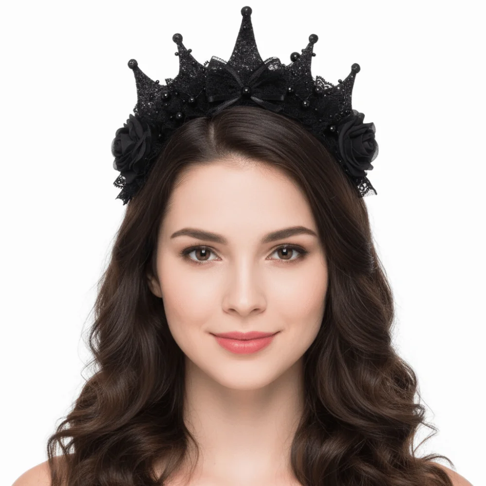 Gothic Women's Black Headdress Elegant DIY Black Rose Lace Crown Adjustable Lightweight Halloween Hair Hoop Dress Up Props