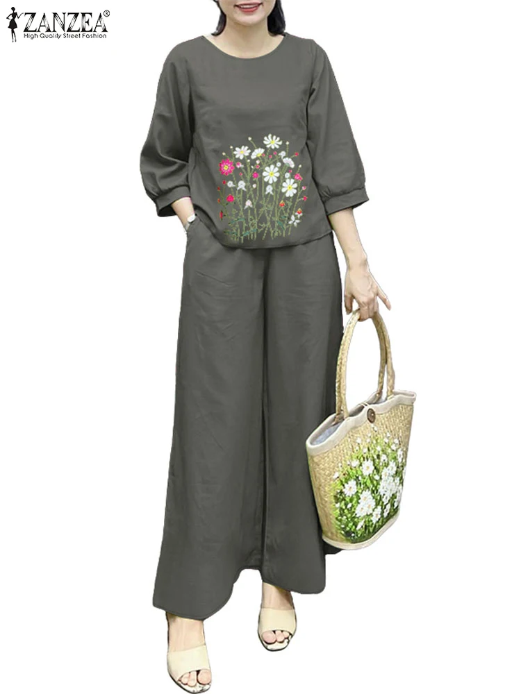 

ZANZEA Spring Day Wear 2 Pieces Sets Womens Casual Vintage Floral Print 3/4 Sleeve Blouses Pant Sets Wide Leg Pants 2pcs Outfits