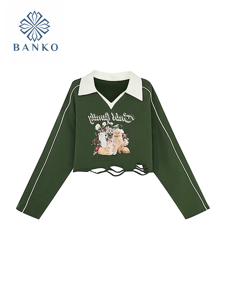 Harajuku Cartoon Letter Print Graphic Green Coats Autumn Winter High Street Hollow Out Pol Pullovers Sweatshirts Y2k Streetwear