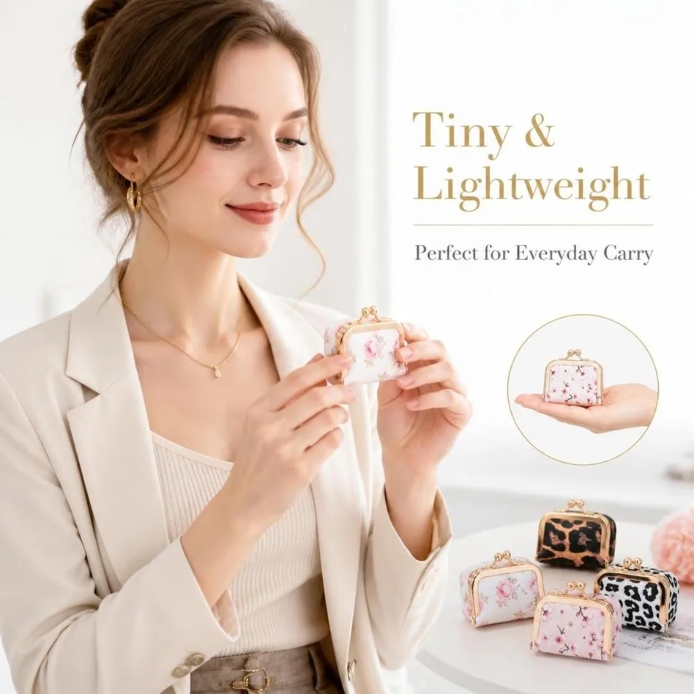 Exquisite Kiss Lock Closure Jewelry Box PU Leather Mini Travel Storage Pouch Floral Print Leopard Print Coin Purse Girl Women