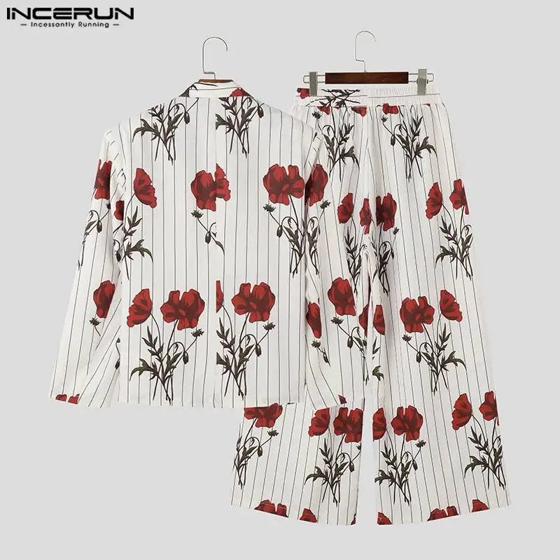 INCERUN 2023 American Style Handsome Mens Sets Rose Print Stripe Printing Casual Tops Wide Leg Pants Fashion Two Piece Set S-5XL