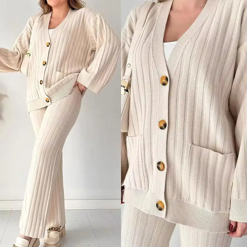Two Piece Pant Sets Women Knit Single Breasted Sweater Full Sleeve Cardigan Casual Straight Trousers Solid Autumn Winter