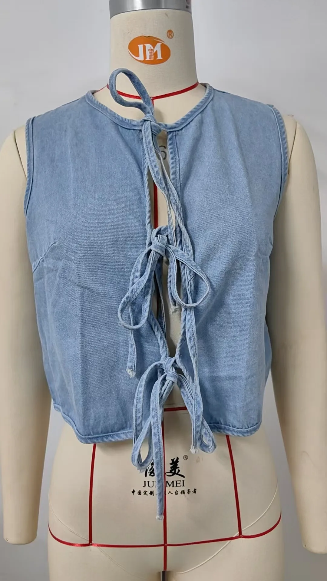 Denim Vest Short Women Two Piece Set Sleeveless Jacket Lace Up Washed Distressed Waistcoat Summer Y2k Tops 2025 Streetwear - Image 6