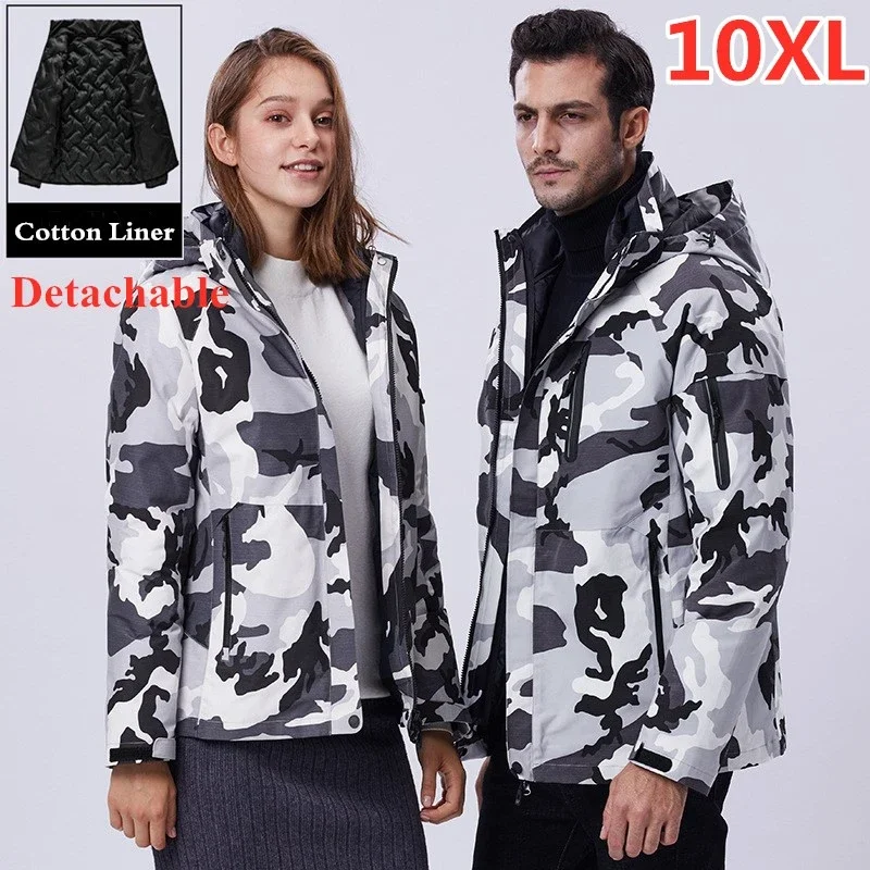 

Men Womens Windproof Waterproof Jacket 10XL Winter 3 in 1 Warm Hooded Coat Outdoor Hiking Travel Fleece Jacket Removable Liner