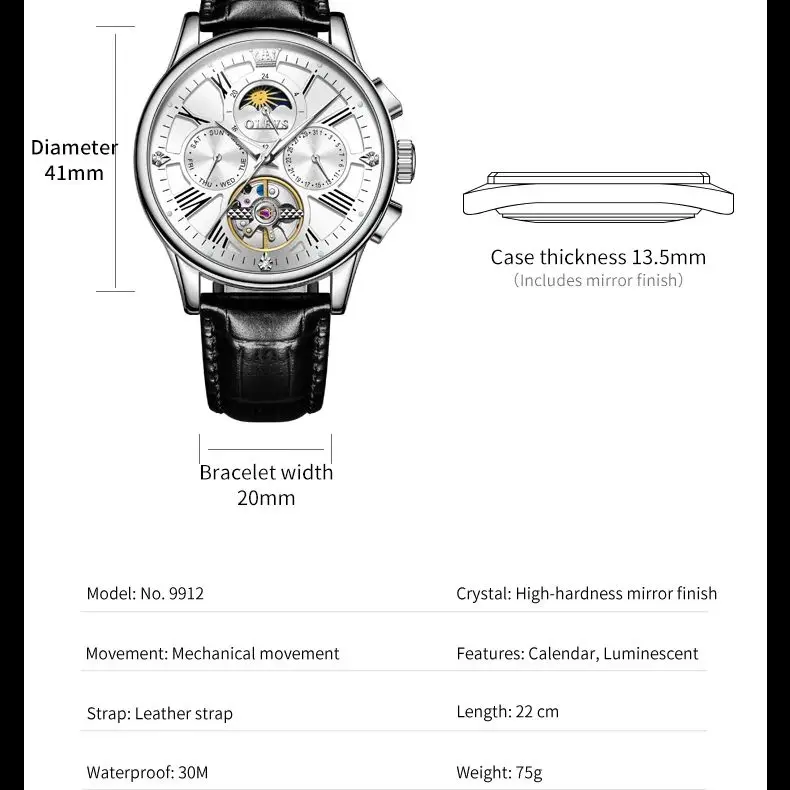 OLEVS 9912 Men Watch Classic Flywheel Skeleton Men Automatic Mechanical Watch Luxury Brand Waterproof Moonphase Men Watch Reloj - Image 6