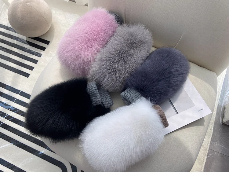 Real Fox Fur Gloves Knitted Women Mittens Winter Girls Fashion Fluffy Warm 100% Real Fox Fur Gloves