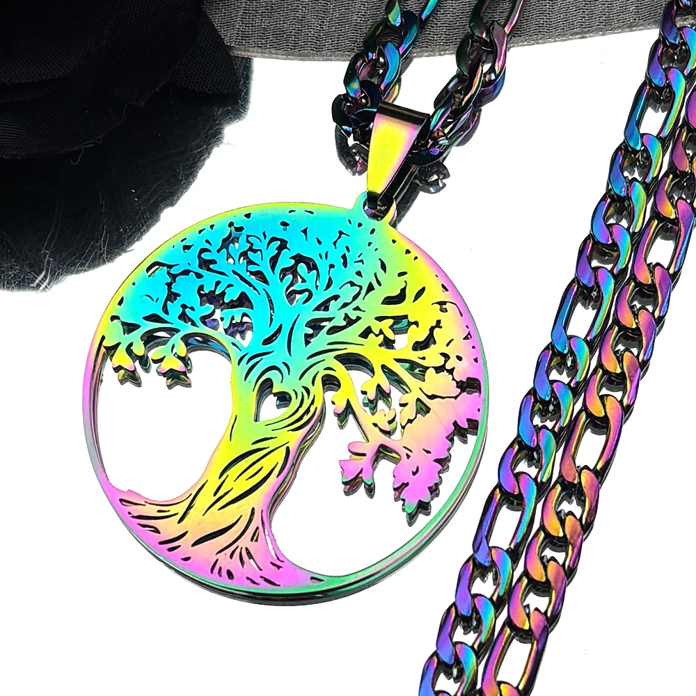 

Tree Of Life Heart Chain For Women Men Stainless Steel Rainbow Color Lucky Amulet Faith Male Party Love Necklace Jewelry Gifts