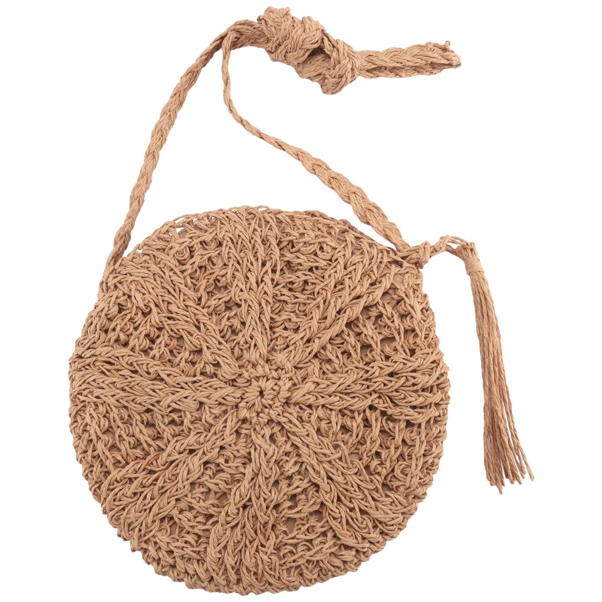 Rattan Crochet Straw Woven Basket Bali Handbag Round Circle Crossbody Shopper Beach Tote Bag（Light