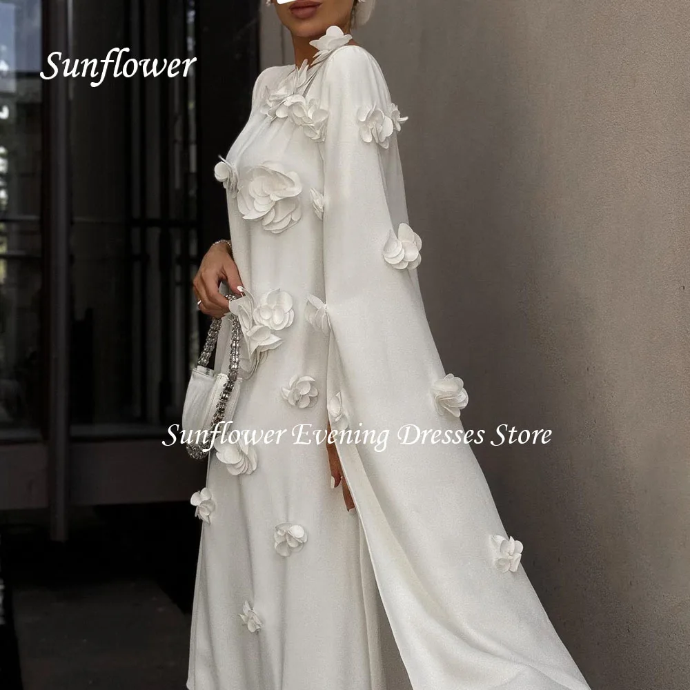 Sunflower White O-Neck 3D Flowers Crepe A-LINE Prom Gowns 2024 High Quality Slim Long Sleeve Ankle-Length Formal Evening Dress