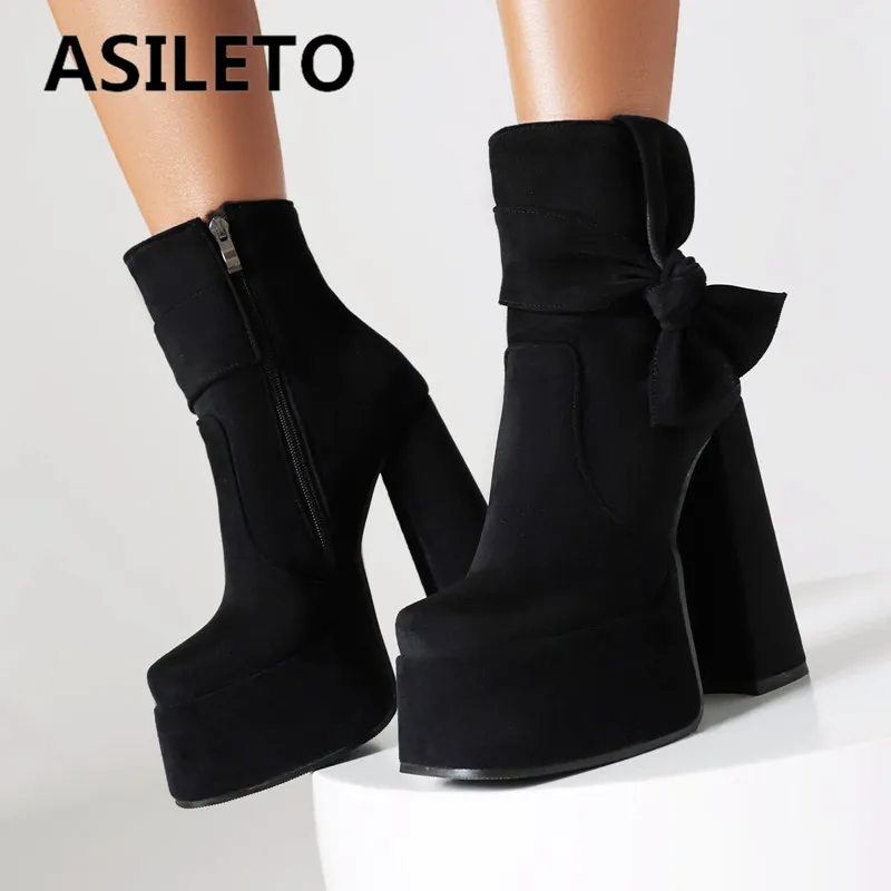 ASILETO Women Ankle Boots Flock Square Toe Chunky Heel 14cm Platform Hill 5.5cm Zipper Bowknot Plus Size 42 43 Sexy Party Bota