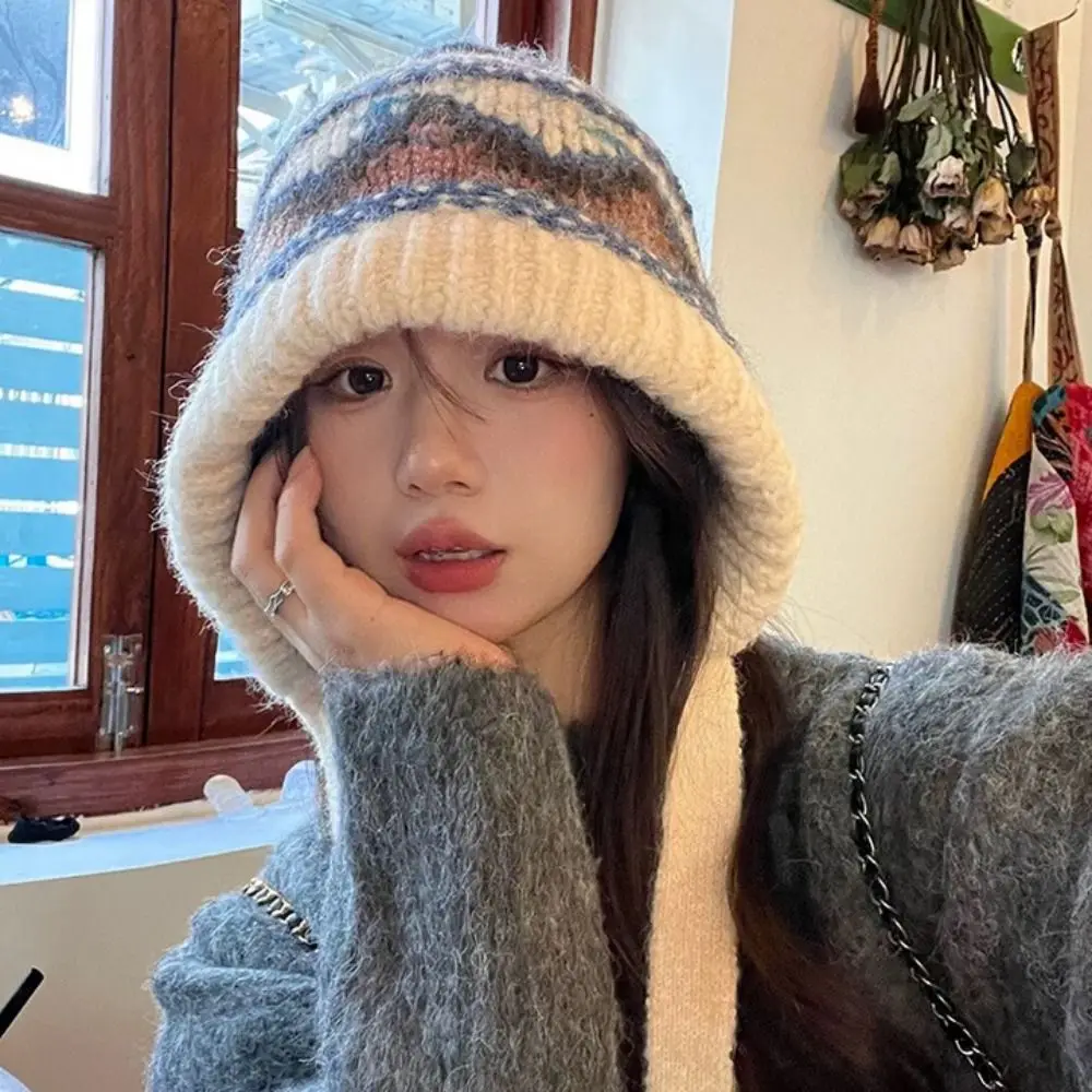 

Fashion Ethnic Style Fair Isle Style Hat Thicken Warm Pullover Beanie Hat Windproof Retro Warm Hat Cycling