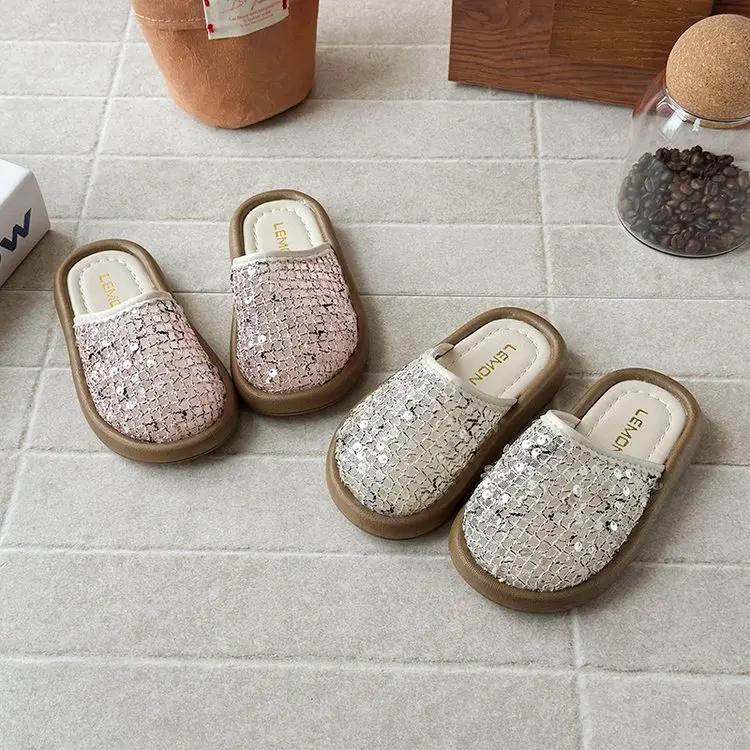 2026 Girls Summer Lace Mesh Weaving Sandals Petal Design Solid Color Half Sandals Soft Sole Summer Vacation Casual Shoes