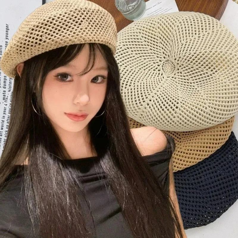 Japanese Style Beret Hat Women Openwork Breathable Cap Adjustable Elastic Artist Painter Hat Lightweight Vintage for Daily Wear