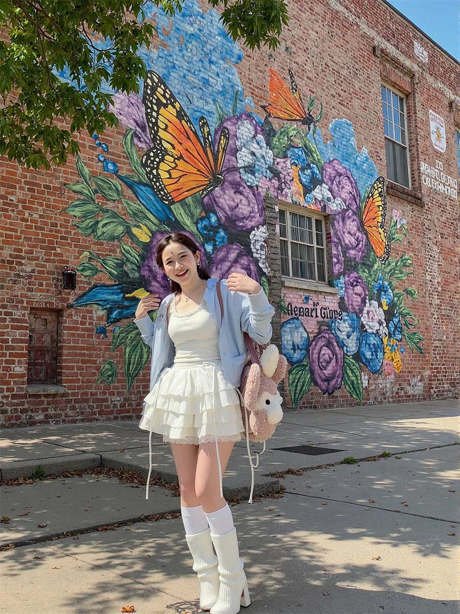 Renda retalhos saias doces das mulheres estética bainha irregular malha em camadas chique plissados babados brilhante escritório moderno