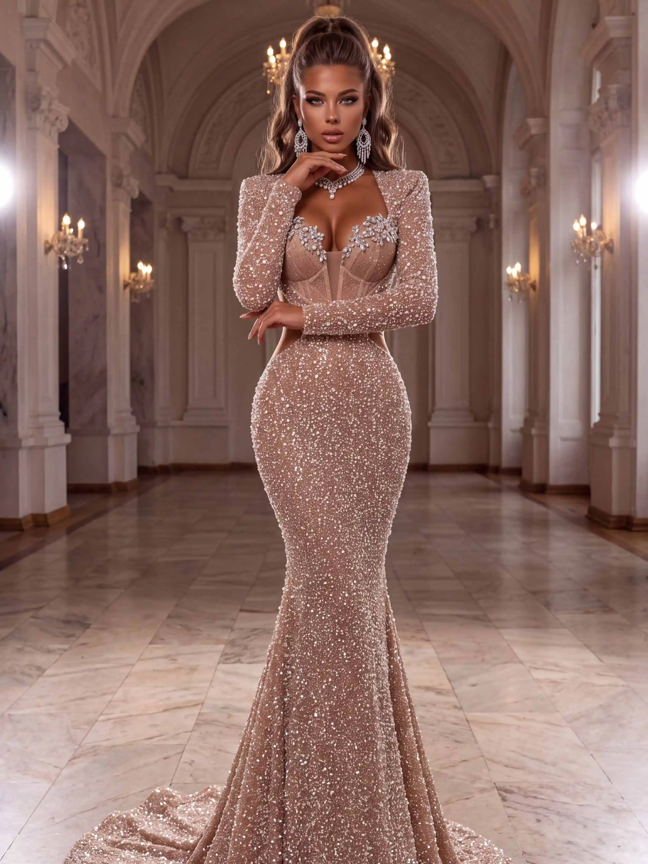 Charming Rhinestone Wedding Dress Sweetheart Long Sleeve Mermaid Sweep Train Bridal Gown For Marriage Banquet Customized