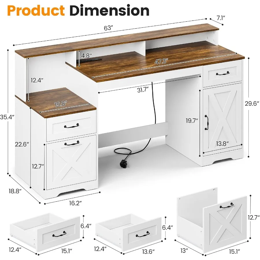 63 Inch Farmhouse Computer Desk with Drawers and Power Outlets, Large Desk with Monitor Stand and Printer Shelf, Modern Office