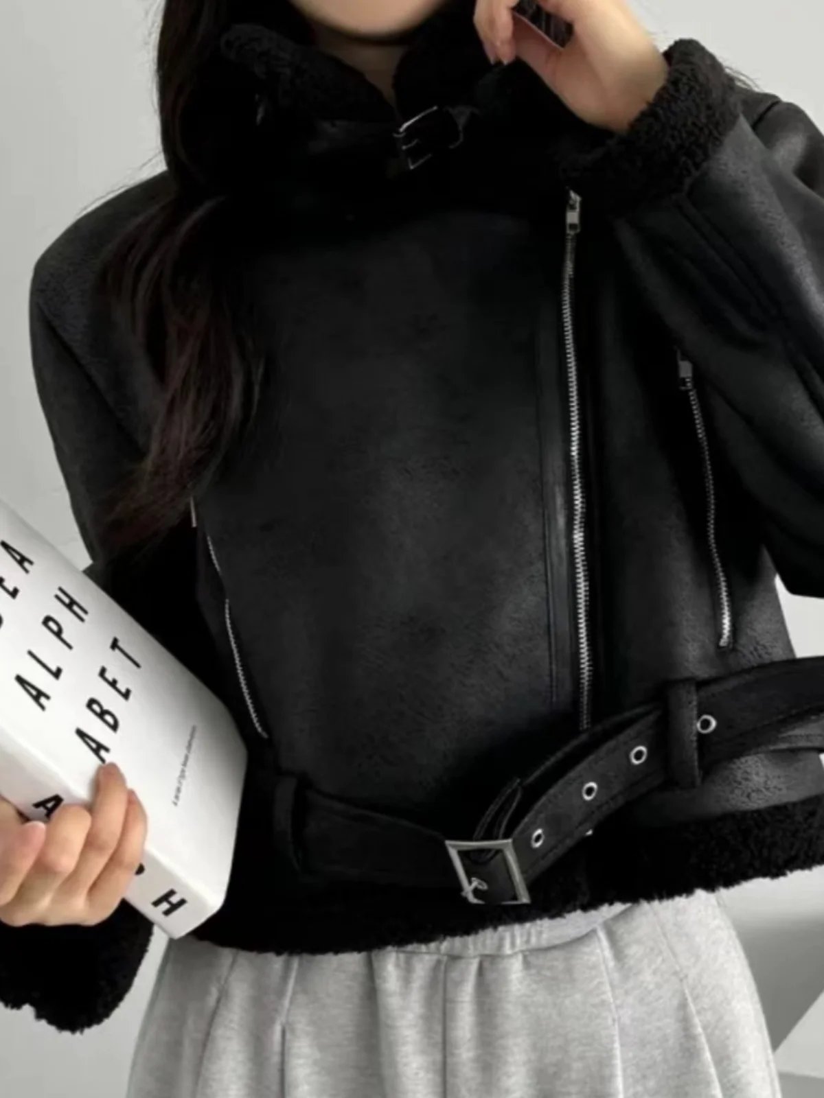 Korean Sle ort Biker Jaet Lamb Fur Lined Faux Suede  Thiened Winter Coat Women's Faion Trend