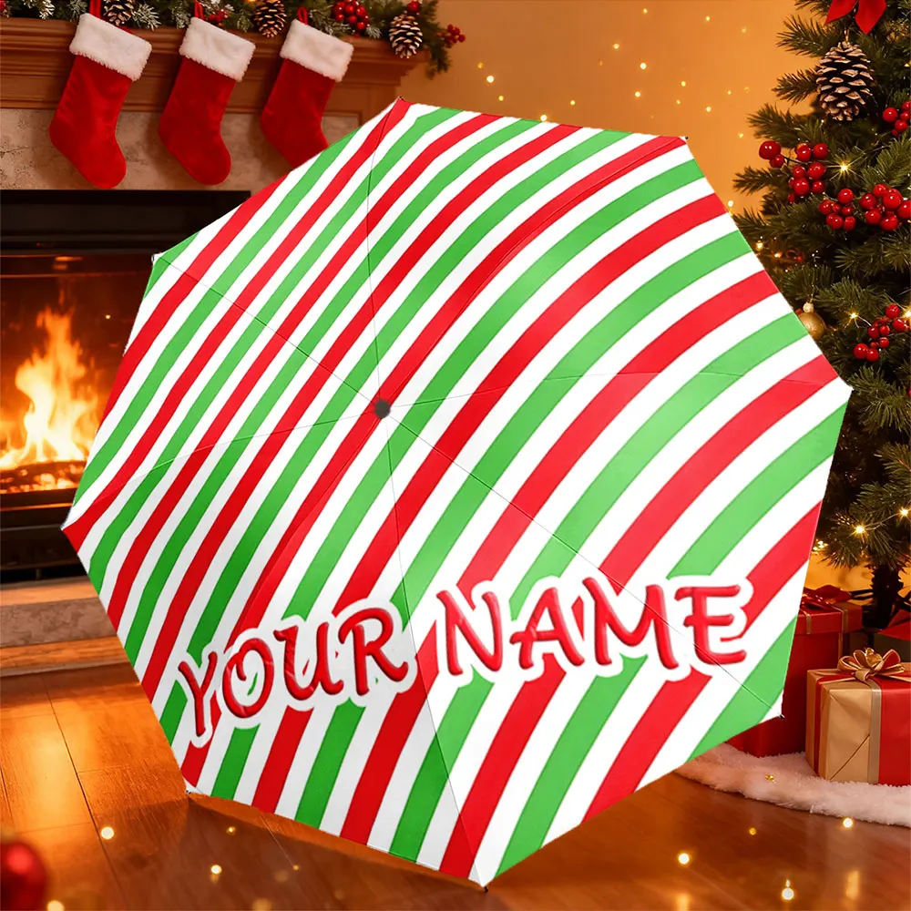 Custom Name Umbrella， Customizable Red Green Striped Pattern Umbrella Design ,Portable Folding Umbrella, Christmas Gift