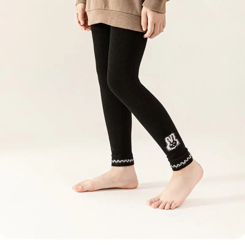 

U13F Soft Breathable Baby Cropped Pants Rabbit Decor Tights Solid Color Child Elastic Leggings for Daily Wear and Activity