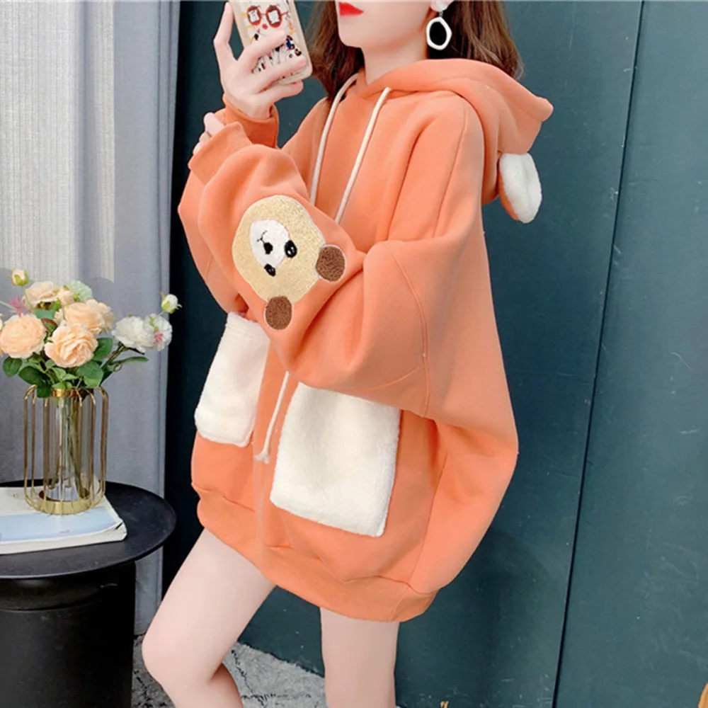 Quality Autumn Winter Lamb Hoodies Women Kawaii Plush Sweatshirt Jacket Warm Hooded Ear Female Cute Bear Print Sweatshirts Coats