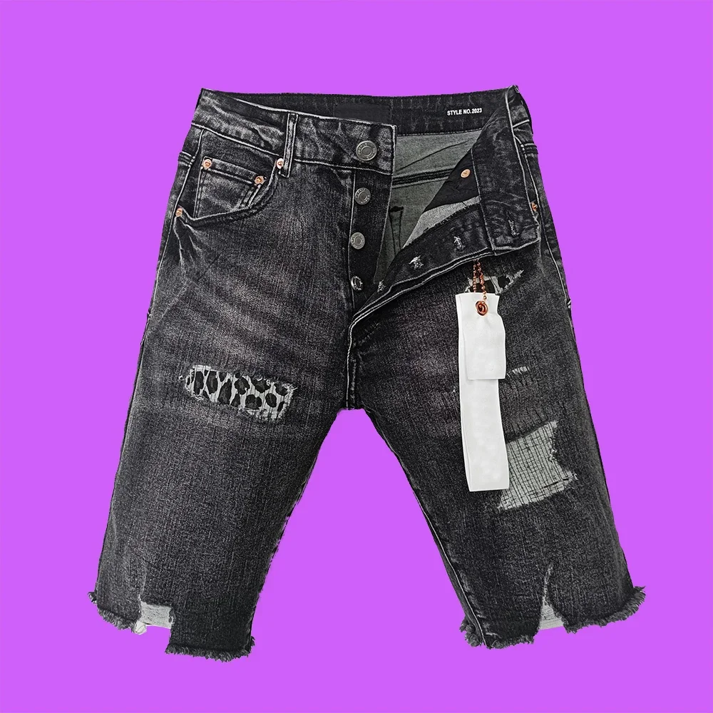 

Fashion Purple roca jeans brand High Street paint splash-ink printed quarter pants with raw edge straight shorts denim pants