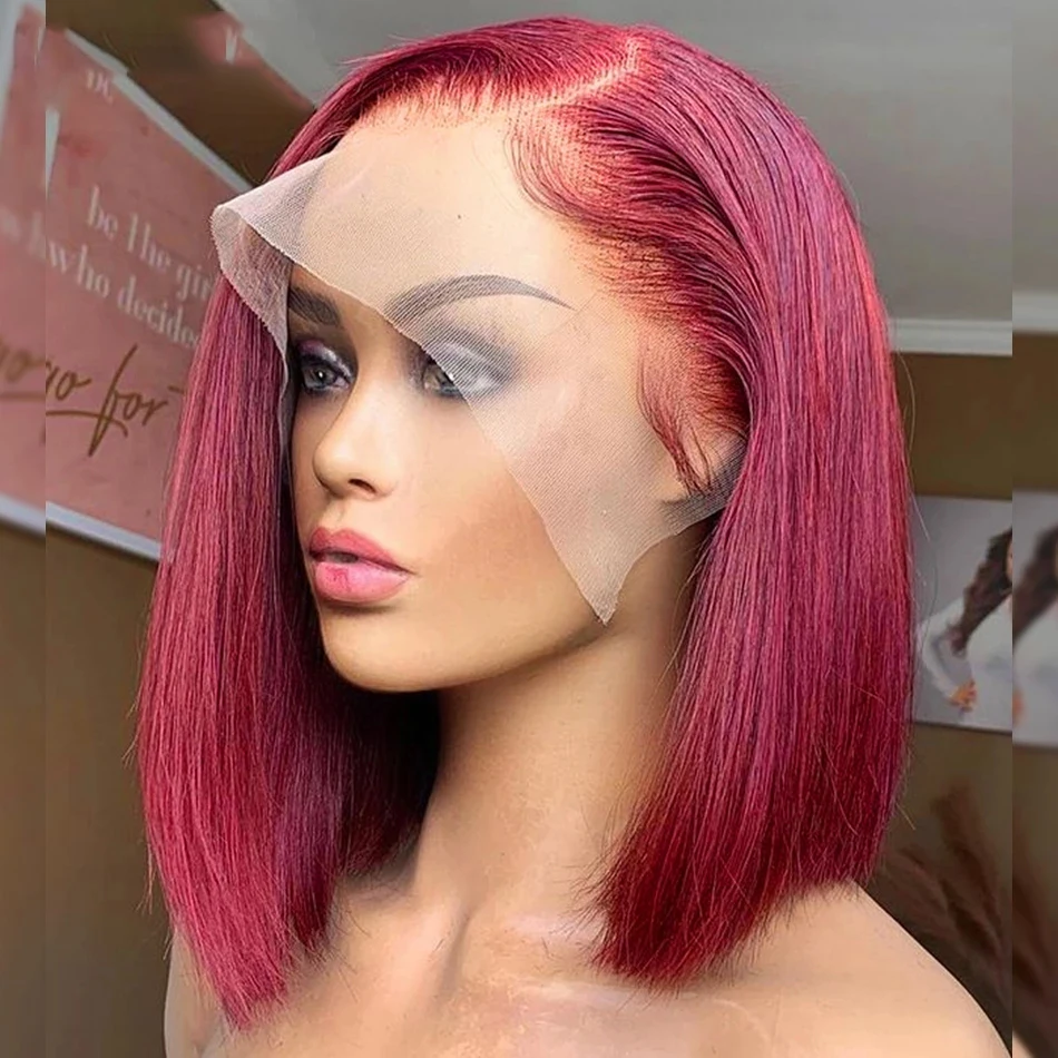 Brazilian 250% Density  Bob Straight Bob 99J Burgundy Colored Transparent Lace Frontal Human Hair 13x4 Lace Wigs human Hair