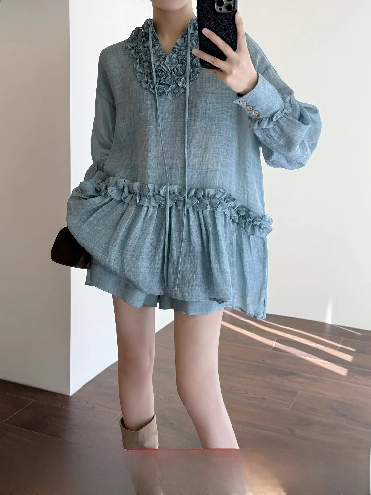 

Tasyavan Encounter Loose Linen Mushroom Pleated Shirt Short Pants Set Women's Summer Fashion Outfit round Neck Long Sl...