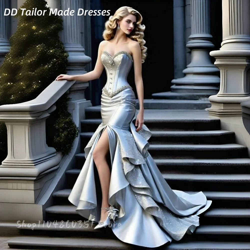 

Silver Mermaid Prom Dresses Sweetheart Corset Long Satin Evening Gown Beaded Appliques Side Slit Formal Dresses Customized