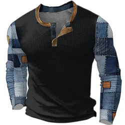 Spring Autumn Henley Shirts Color Block Patchwork 3D Printed Men's Fashion Vintage Button-Down Long Sleeve T Shirt Man Tees Tops
