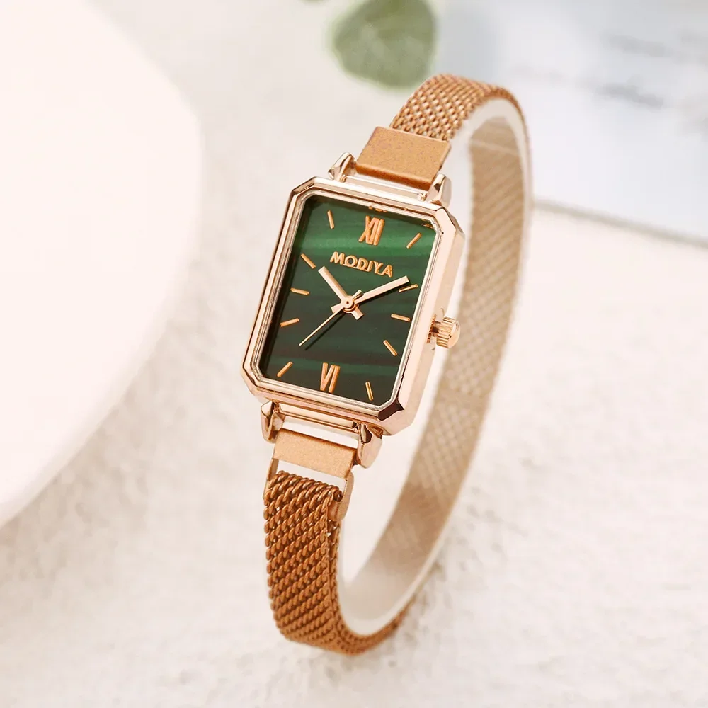 Women Watches Reloj Mujer Square Ladies Quartz Watch Magnetic Strap Green Dial Simple Rose Gold Mesh Luxury Women Watches