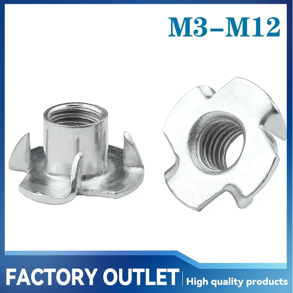 5-50pcs M3 M4 M5 M6 M8 M10 M12 Zinc Plated Four Claws Nut Speaker T-nut Blind Pronged Insert Tee Nut Inserts