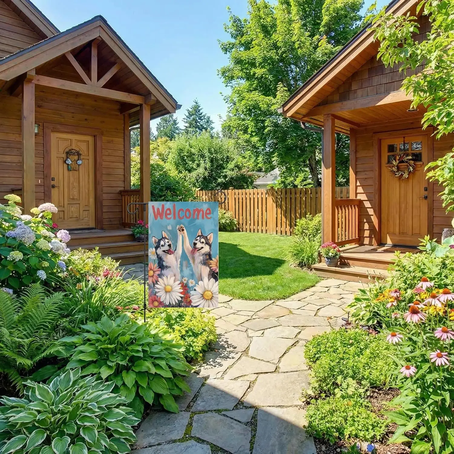Welcome Summer Colorful Daisy Husky Garden Flag, Dogs high-fived each other Yard Outside Decoration, Spring Outdoor Small Bu ZZM