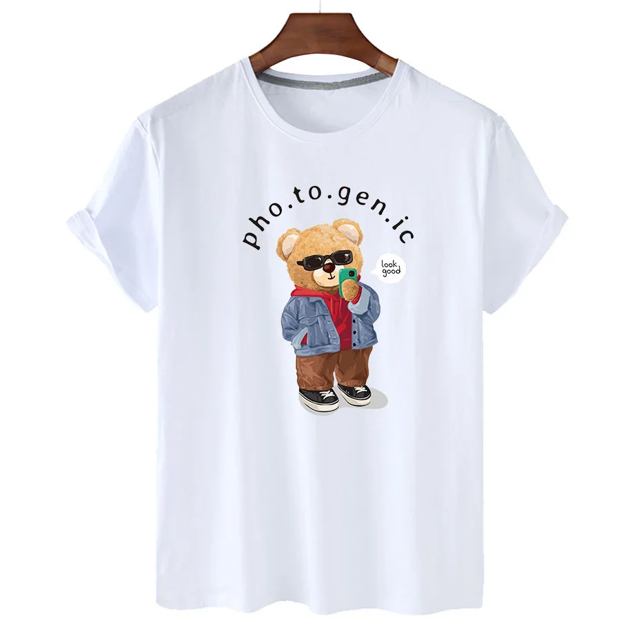 100% Cotton Photo Bear Print T-shirt 2022 Women's Fashion Shirt Unisex Short Sleeve O-neck T-shirt Summer Fashion Couple T-shirt