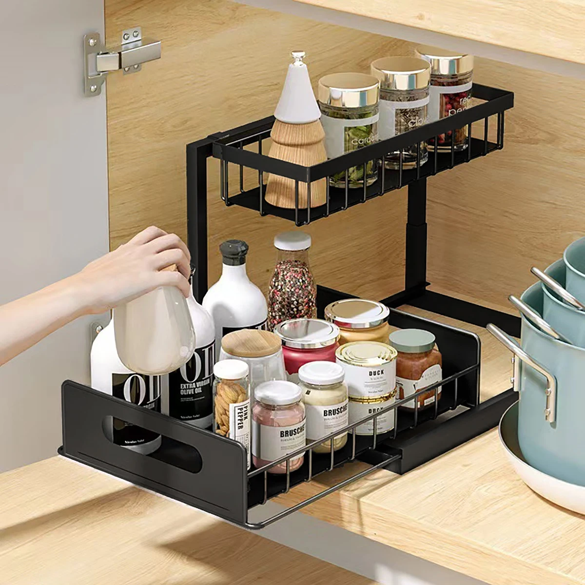 

Carbon Steel Kitchen Shelf Double Space Saving Shelves Pull-out Design Countertop/Under Cabinet Dual Use