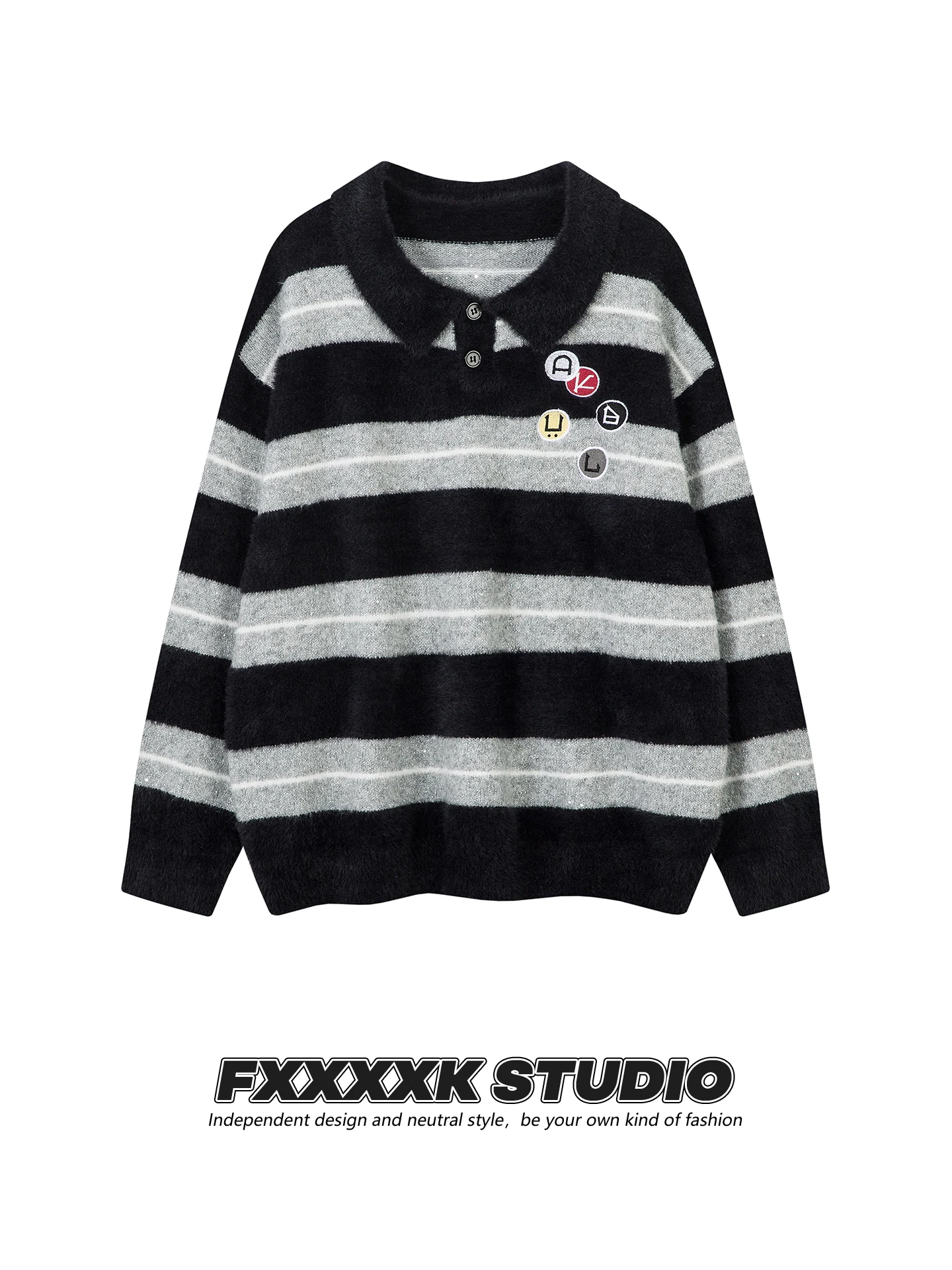 

Original FXK American Retro Embroidered Bae Bead Design Loose Collar Striped Couple Knitted Sweater Soft Polyester Fiber