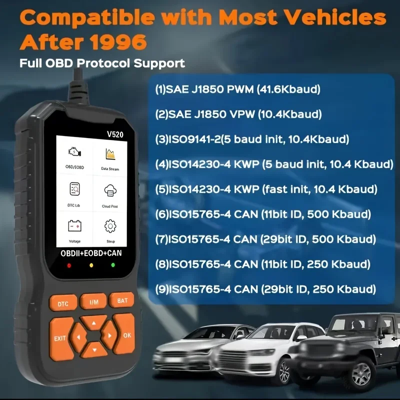 

Полнофункциональный считыватель кодов OBD2 V520 Elm327 OBD автомобильный диагностический инструмент 12 В OBDII автомобильный сканер