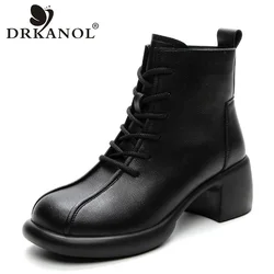 DRKANOL Fashion Women Thick Heel Boots Autumn Winter Warm Plush Shoes Real Cowhide Side Zipper Retro Style High Heel Ankle Boots