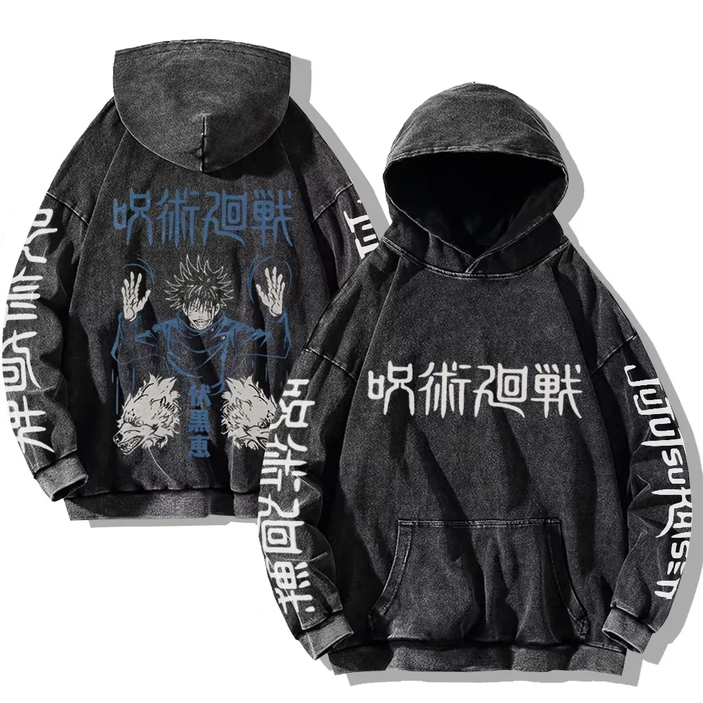 Jujutsu Kaisen Satoru Gojo Vintage Washed Hoodies Men Women Japanese Style Streetwear 100% Cotton Oversized Hoodies Sweatshirts