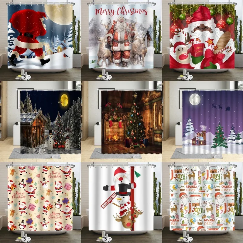 Christmas Shower Curtain, Santa Tree Socks Snowman Fireplace Elk Log Cabin Winter Holiday Holiday Decorations Bathroom Curtains