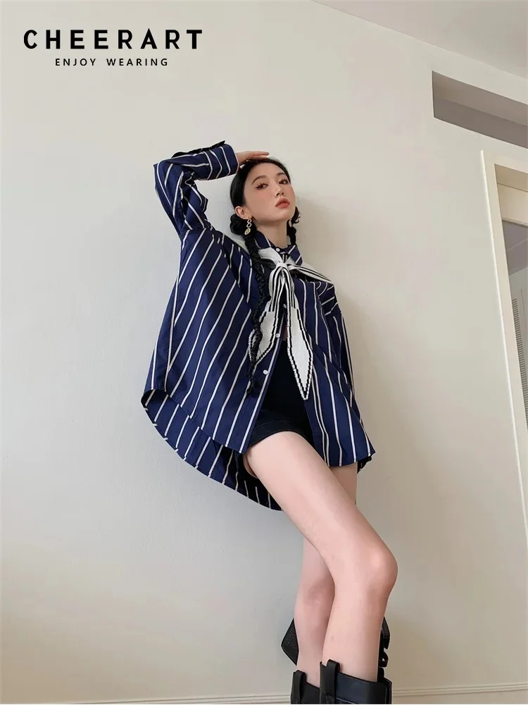 CHEERART Preppy 2 Piece Sailor Collar Blue Striped Oversized Shirt For Women Button Up Long Sleeve Top And Blouse Fall Clothing