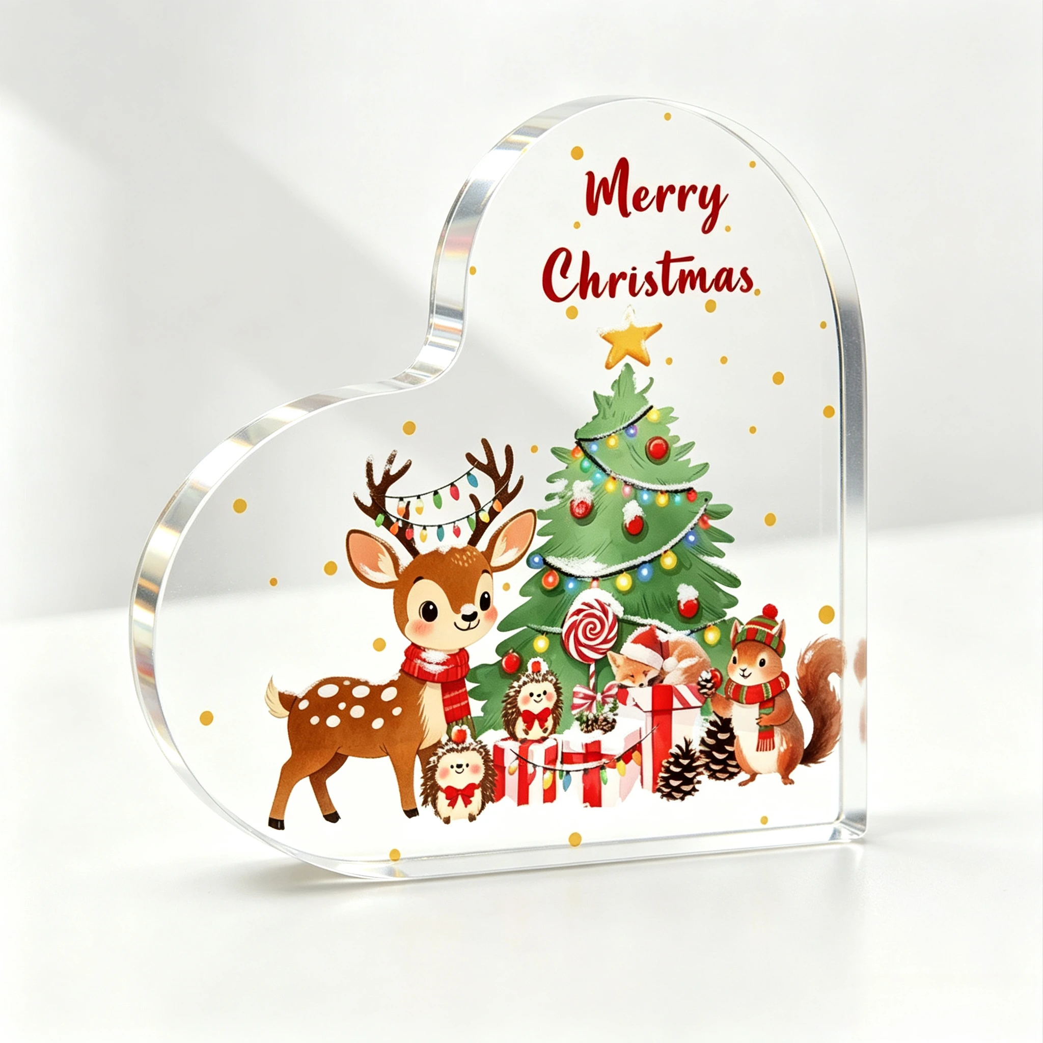 Winter Snowy Woodland Creatures Heart‑Shaped Acrylic Ornament, Merry Christmas Tabletop Home Decor