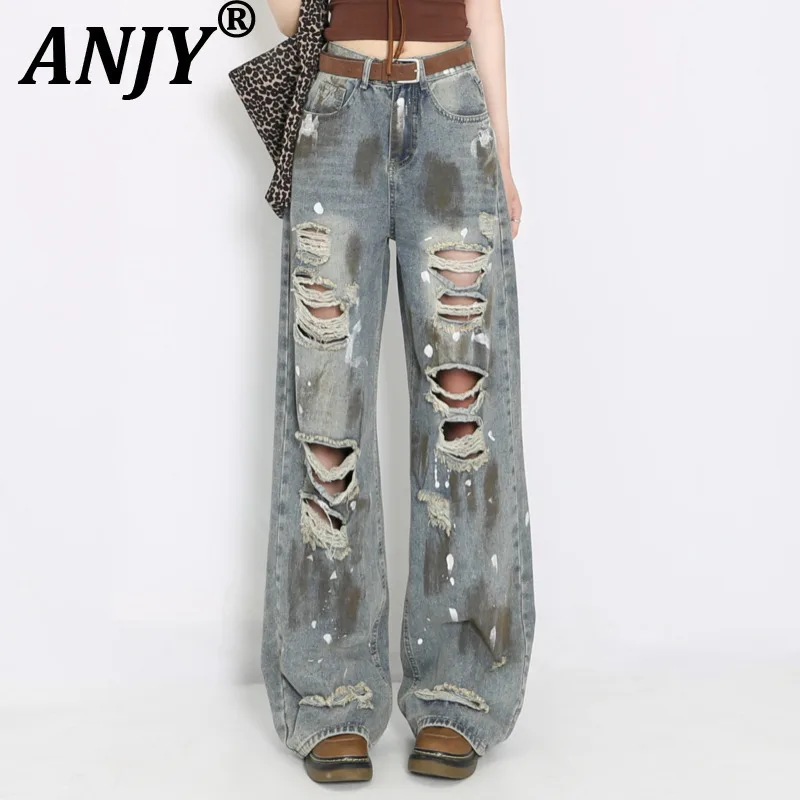 

ANJY Women's American Retro Distressed Multi-Pocket Ripped Jeans Casual Stylish Streetwear Fashion Slimming Wide Leg Pants A8420