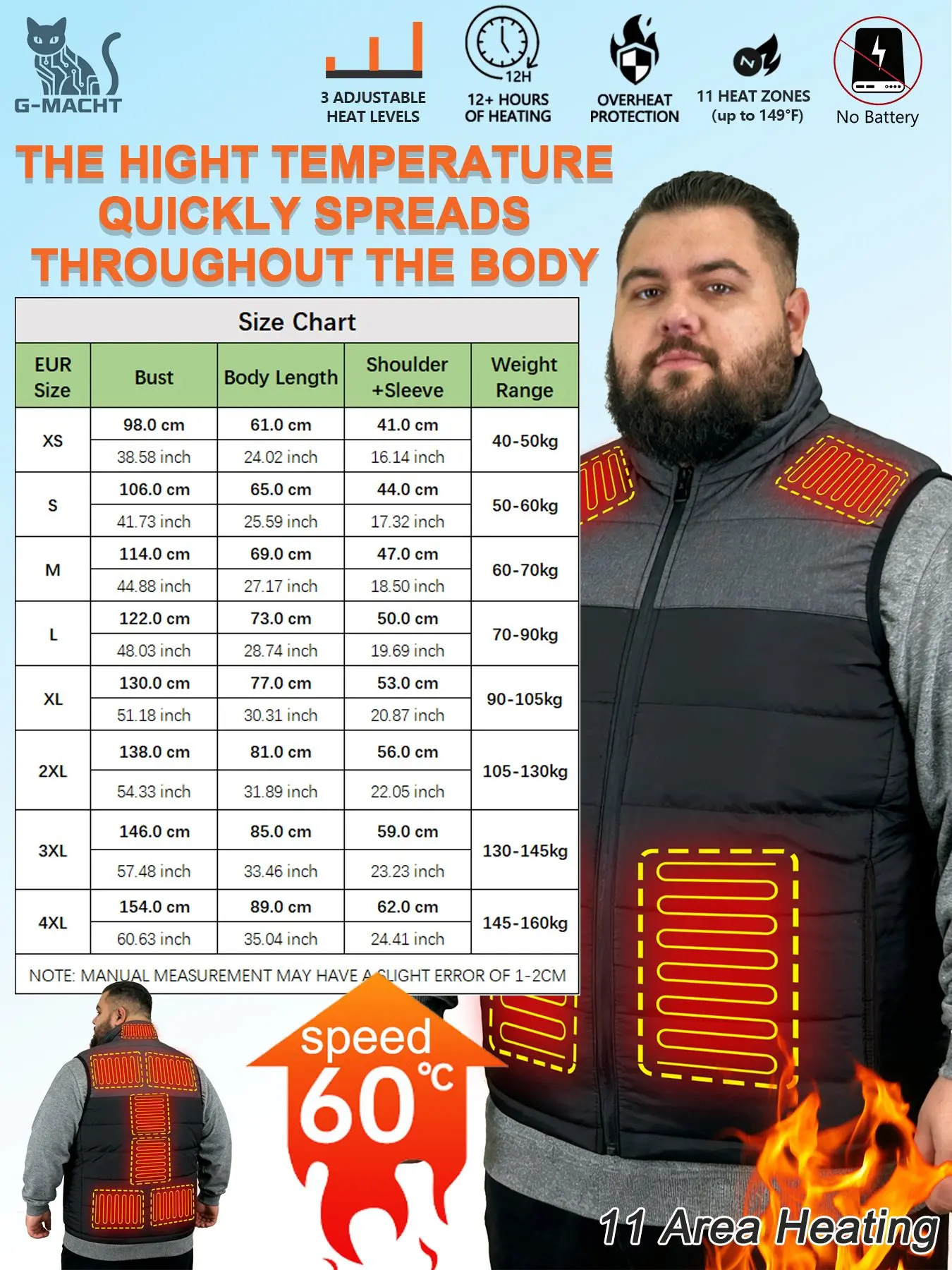 G-MACHT EU Certified Dual Control 11 Heating Zones Stand Collar Heated Vest, Spliced Fleece Lining Electric Thermal Waistcoat