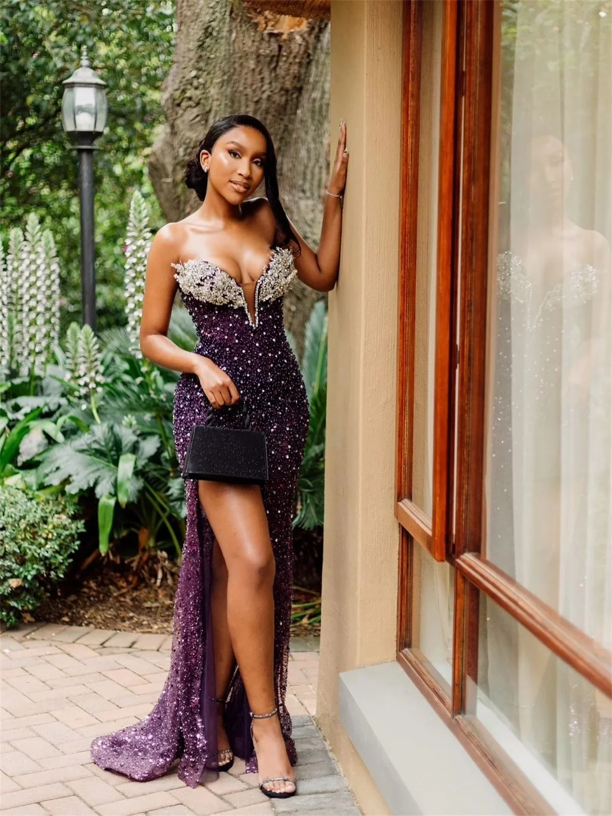 

Purple Long Prom Dresses For Black Girls Sequins Beaded Slit American African Evening Gowns Birthday Party Robe Customized