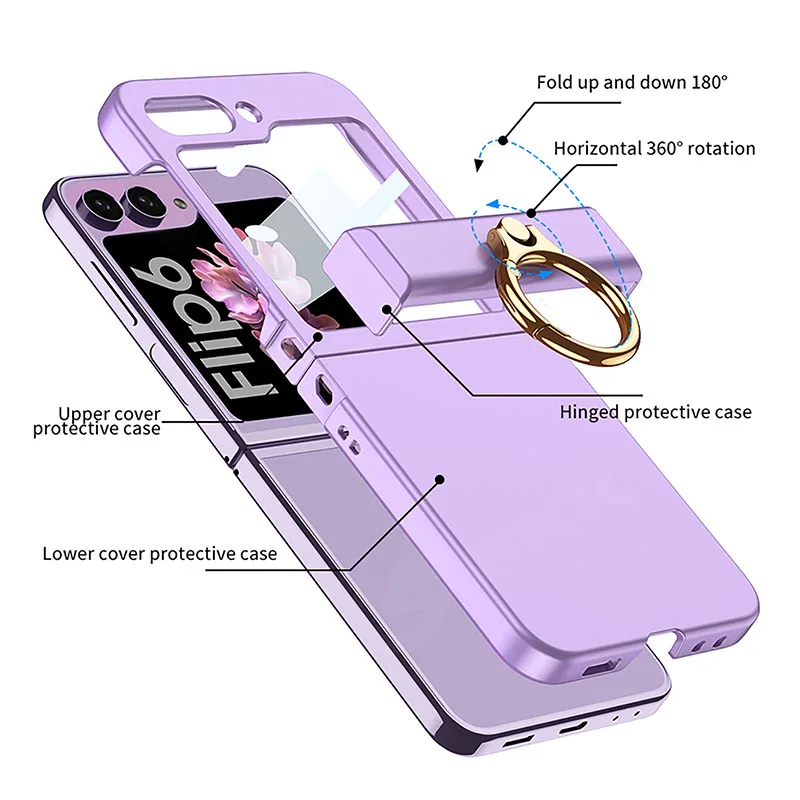 Armor All-included Hinge Ring Bracket Case for Samsung Galaxy Z Flip 6 Screen Glass Plastic Matte Cover For Galaxy Z Flip 5 Case