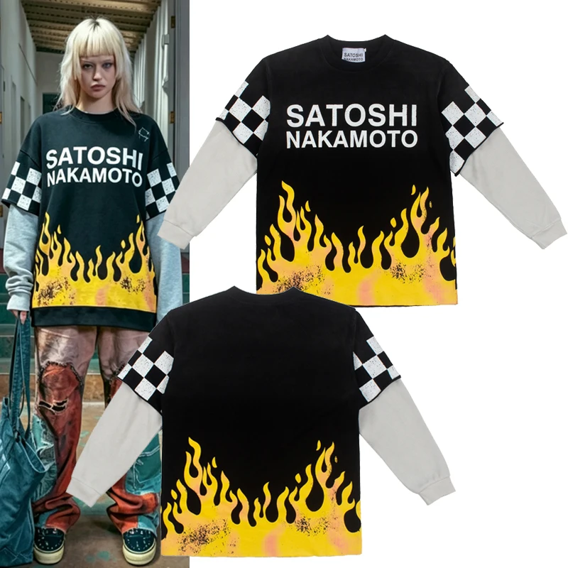 Streetwear Men's Satoshi Nakamoto T Shirt Long Sleeve Flame Graphic Print Unisex Oversized Autumn New T-shirt Hiphop Style Top