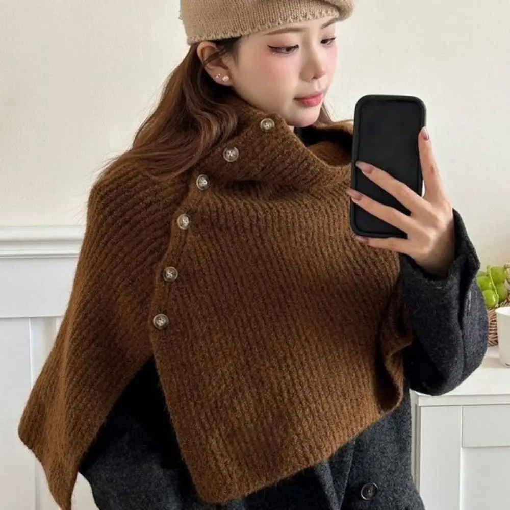 

Elegant Button Knitted Shawl Thicken Irregular Women Winter Shawl Cloak Warm High Neck Scarf Student