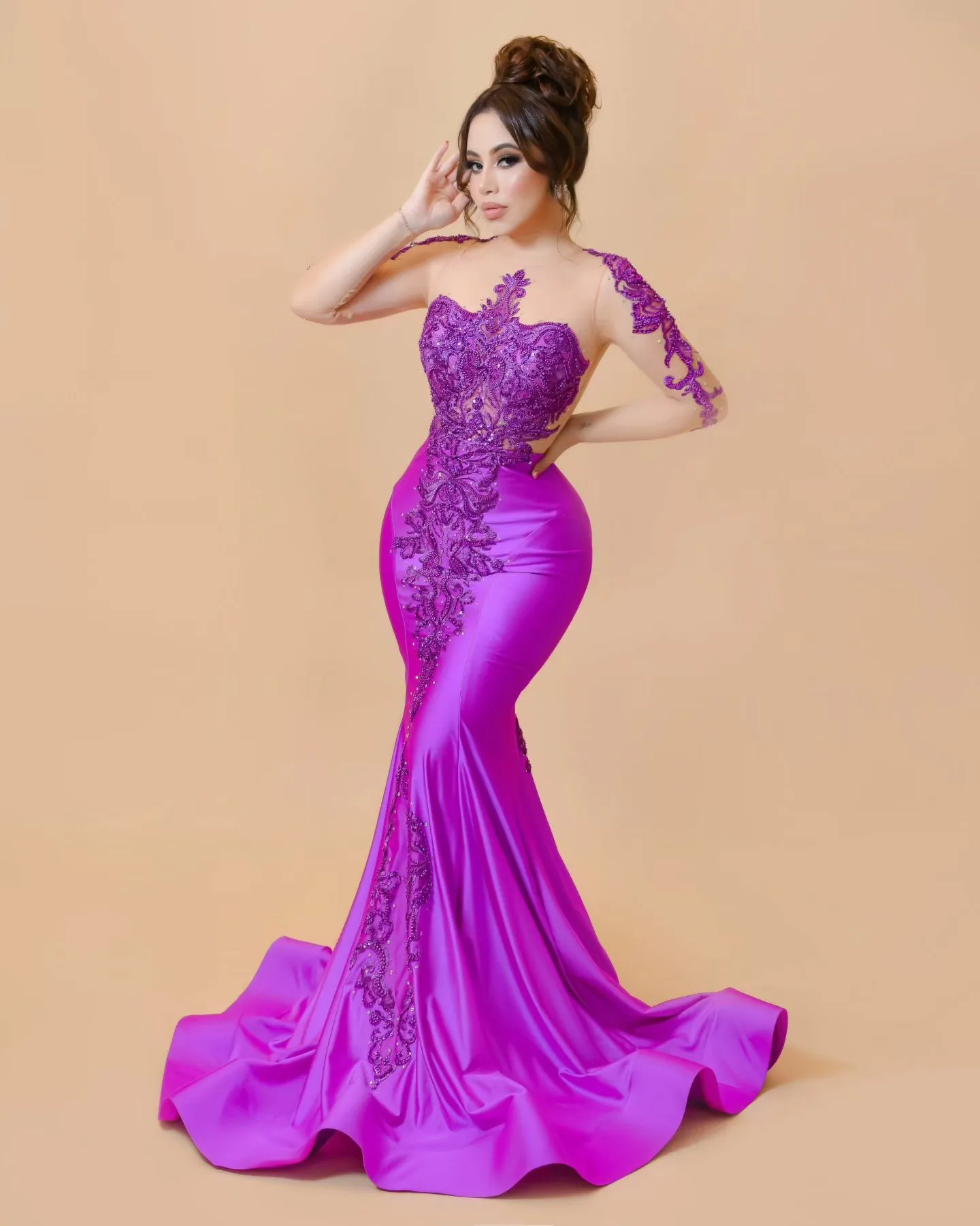 2024 Purple Mermaid  Prom Dresses Lace Beaded Evening Formal Party Second Reception Birthday Engagement Gowns Dress ZJ36